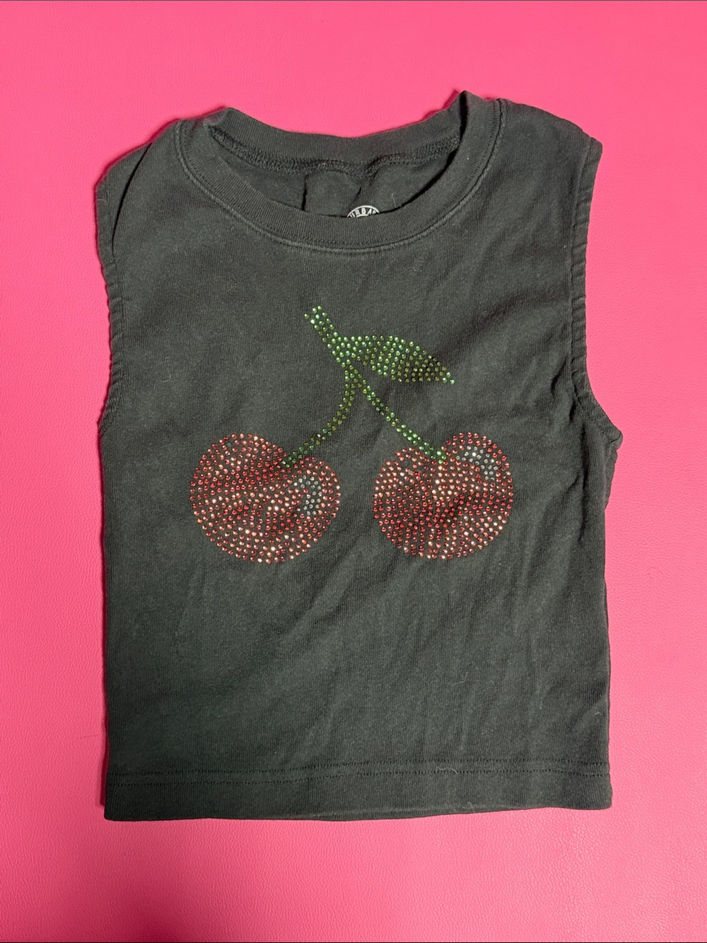 Urban Outfitters Black Tank with Red Rhinestone Cherry Design